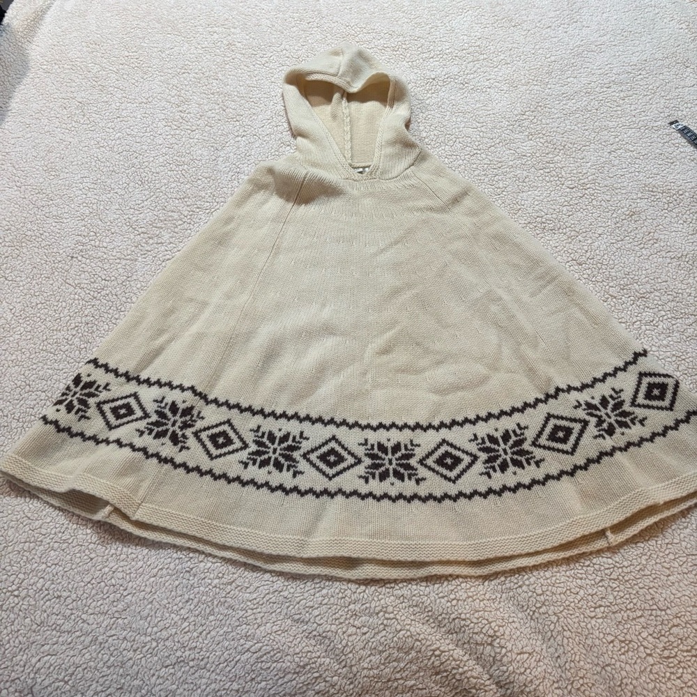 Polo Ralph Lauren Lambswool Hooded Poncho in Cream with Brown Nordic Pattern